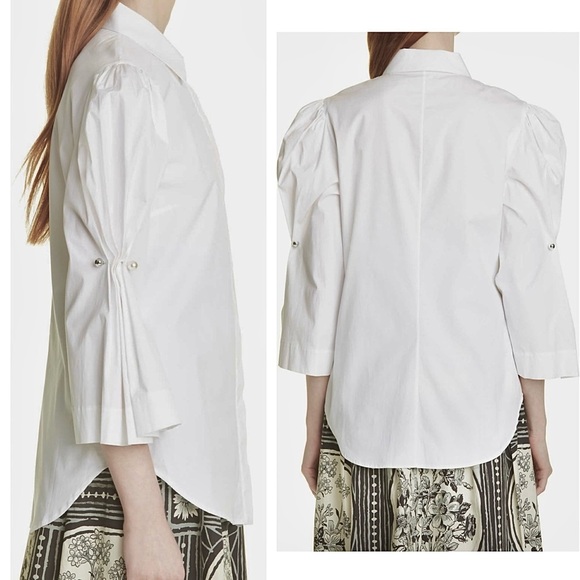 Lela Rose Button-Down Poplin Blouse Top with Pearl Brooch On Puff Sleeve Size 4 - Picture 10 of 16